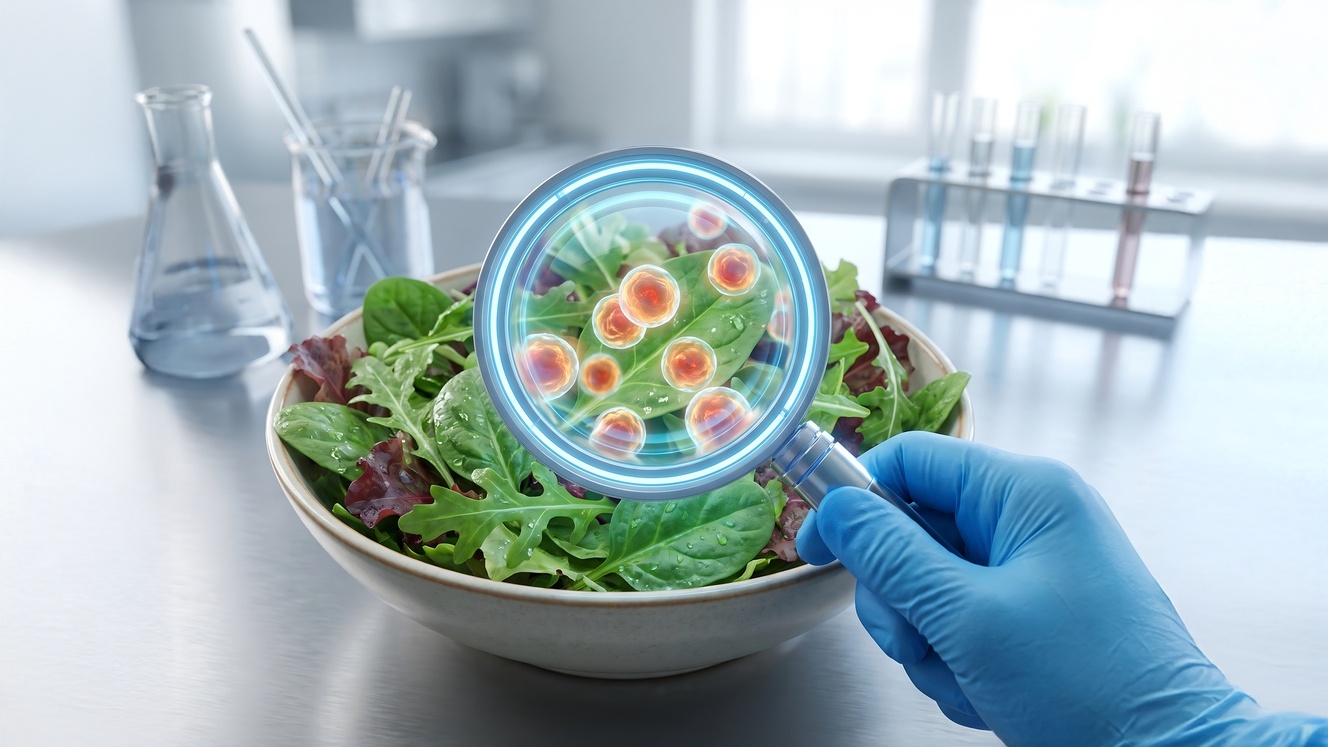 Recipiente com salada de alface em bancada de laboratório e uma lupa ilustrando o parasita Cyclospora