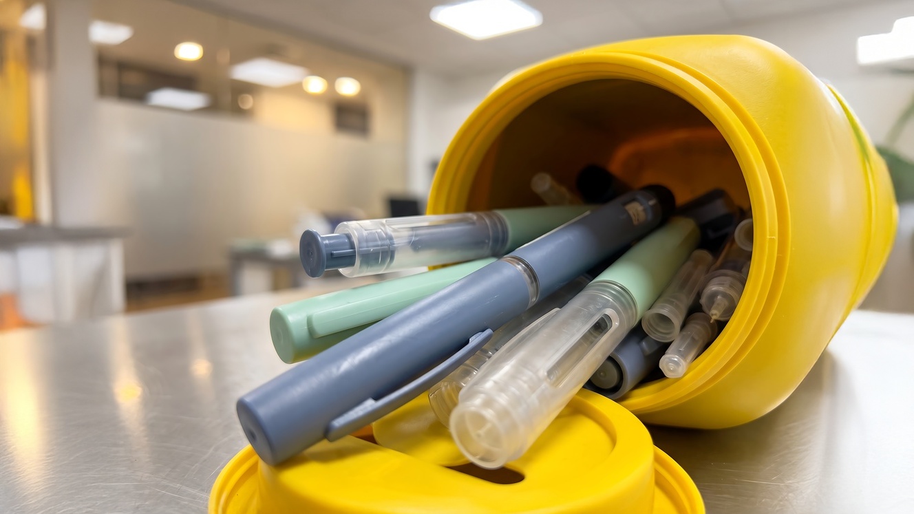 Insulina e canetas de tirzepatida em recipiente aberto sobre a bancada de laboratório